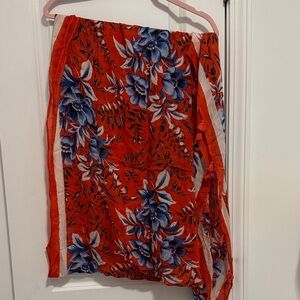 LOFT Vibrant Orange Loop Scarf with Blue and White Floral Design